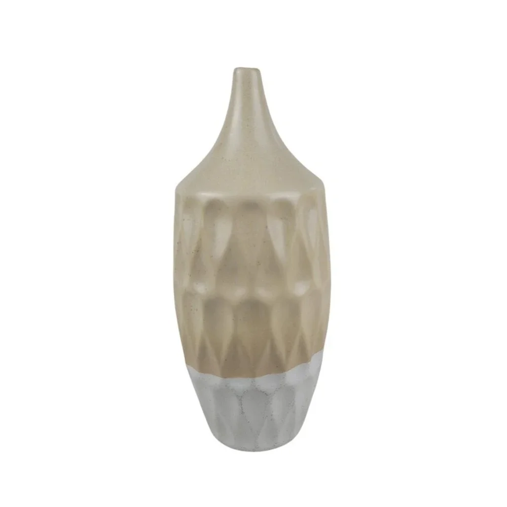 Modern Two Tone Geometric Ceramic Vase Textured Tan and White 11.25 Inch Decor‎